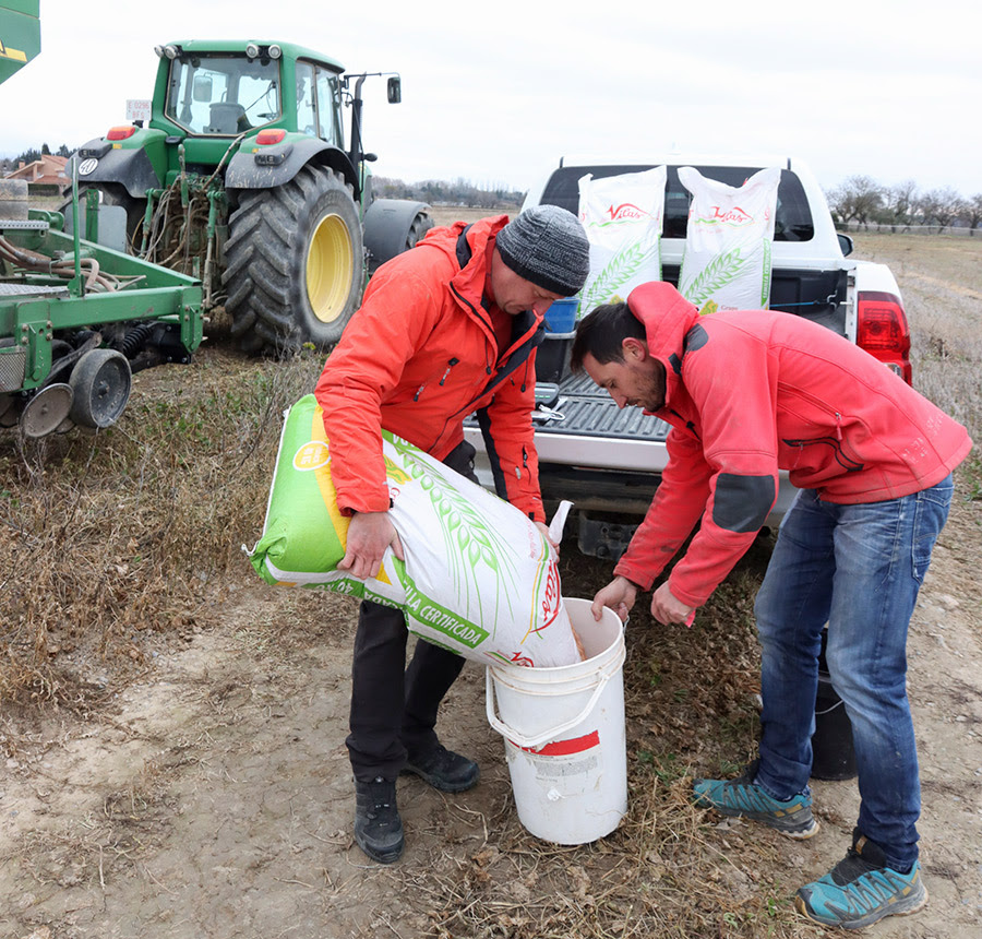 Los hermanos Santolaria, preparando la siembra de cereal y leguminosas en su explotación familiar, la semana pasada en Alerre (Huesca). Foto: Joaquín Terán.